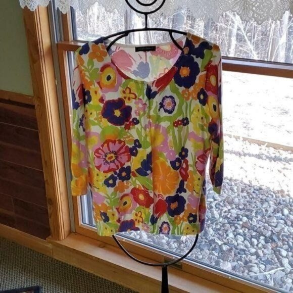 Designers Originals Vibrant Floral Button Down 3/4 Sleeve Sz. M Cardigan Sweater - Picture 1 of 7